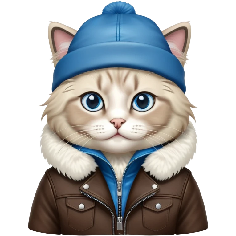Ragdoll cat wearing a leather jacket and a beanie emoji