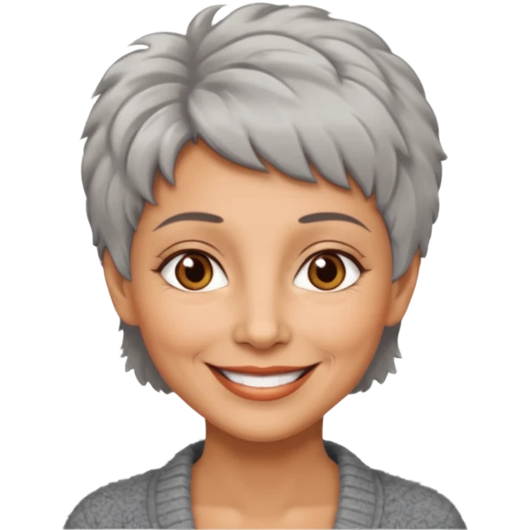 woman 50 years old, short grey fluffy hair, tannes skin and brown eyes emoji