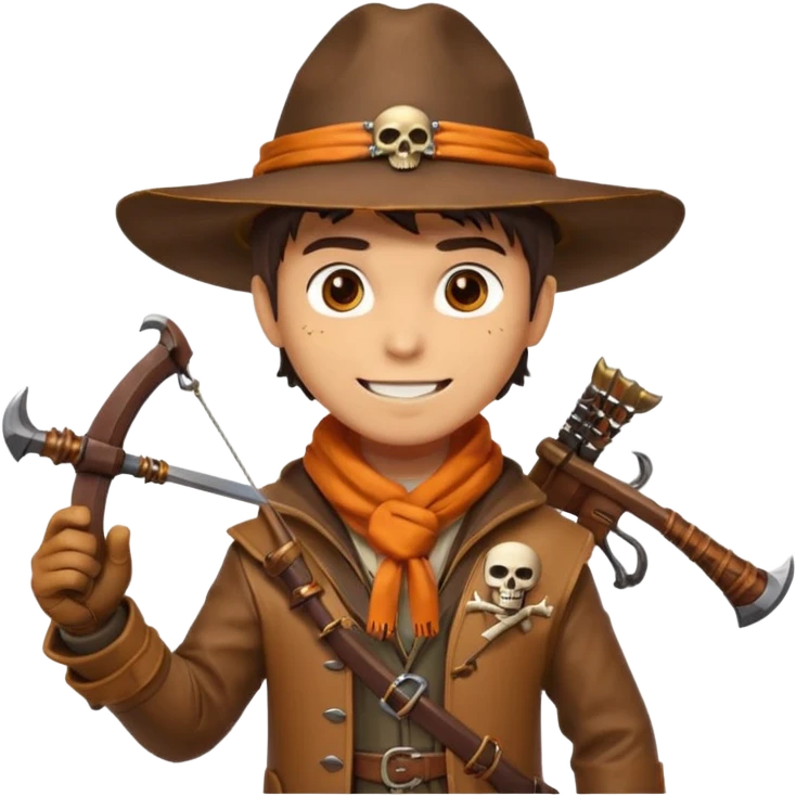 male human monster hunter emoji, wearing brown leather coat and wide hat, holding crossbow or rifle, with amulet shaped like skull, Halloween fantasy theme, confident smile, orange scarf, Apple emoji style, clean white background, square image emoji