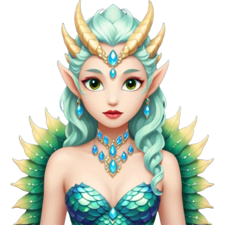 Am amazing blend of a half dragon woman with glittering jeweled scales covering her body. She has large almond shaped eyes, lush lips, and she wears a stunning luminescent gown. emoji