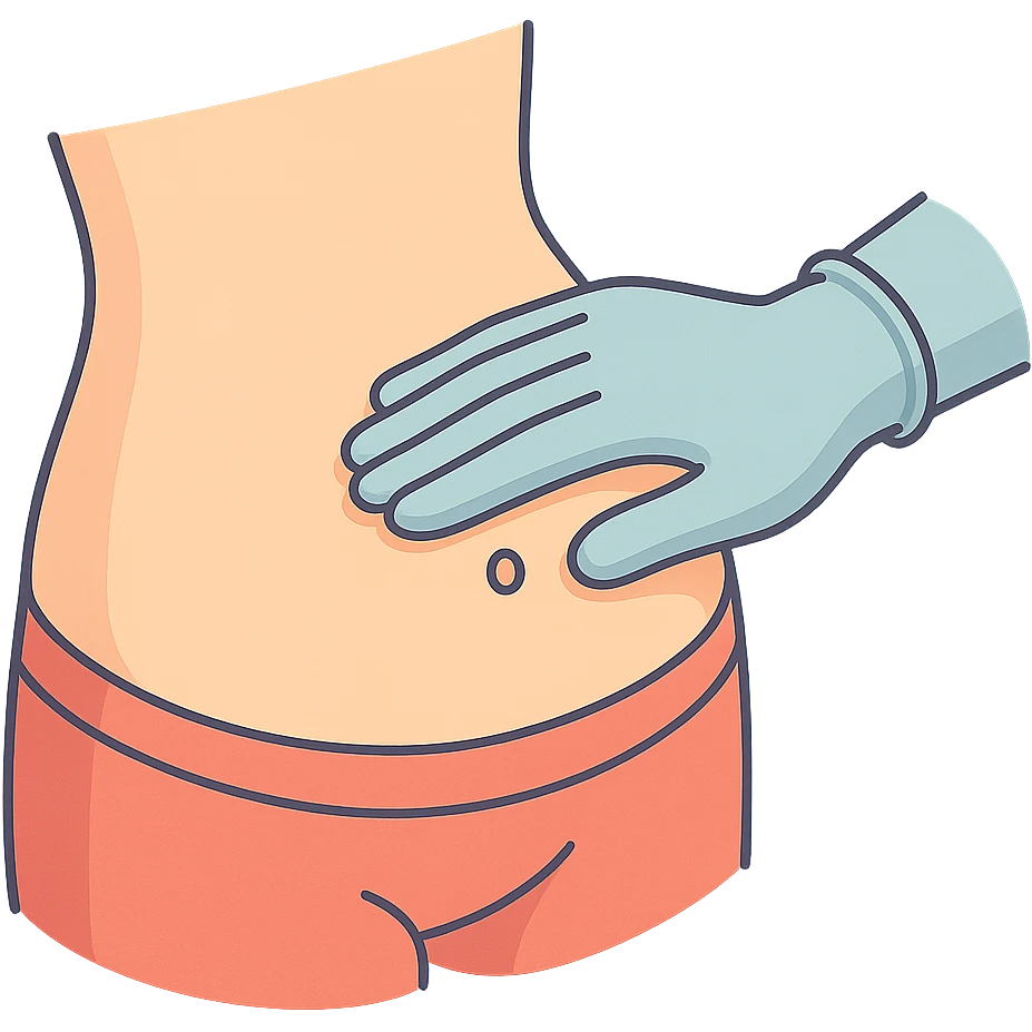 close-up of human abdomen, a doctor's hand palpating, hand coming from the other side, wearing latex glove, 2D isometric style, soft rounded shapes, clean contours, pastel palette, detailed shadows and highlights, modern illustration, transparent background emoji