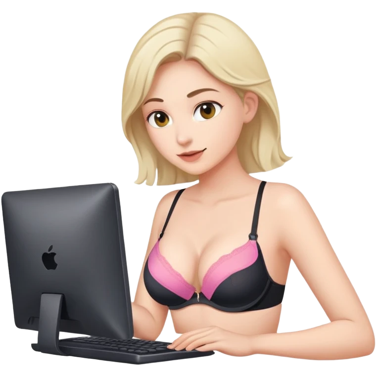 woman streaming on camera with computer, with bra emoji