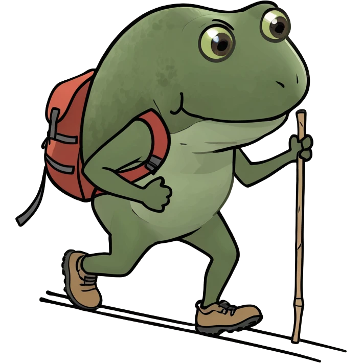 bufo hiking uphill with a stick and backpack emoji
