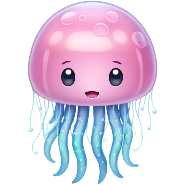 Cinematic floating kawaii jellyfish, tiny round body, soft glowing tentacles, pastel pink and blue hues, delicate sparkling highlights, dreamy and adorable. emoji