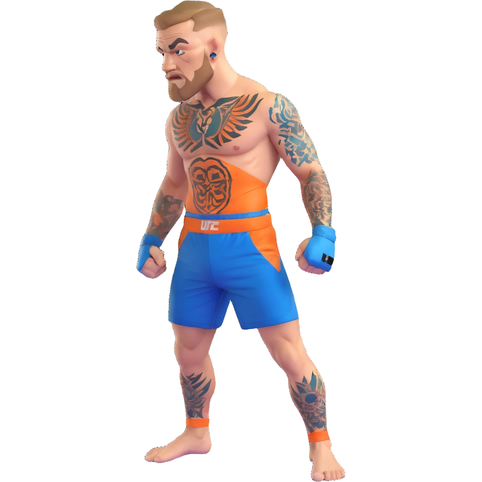 Conor McGregor in fighting stance with blue UFC shorts and detailed tattoos emoji