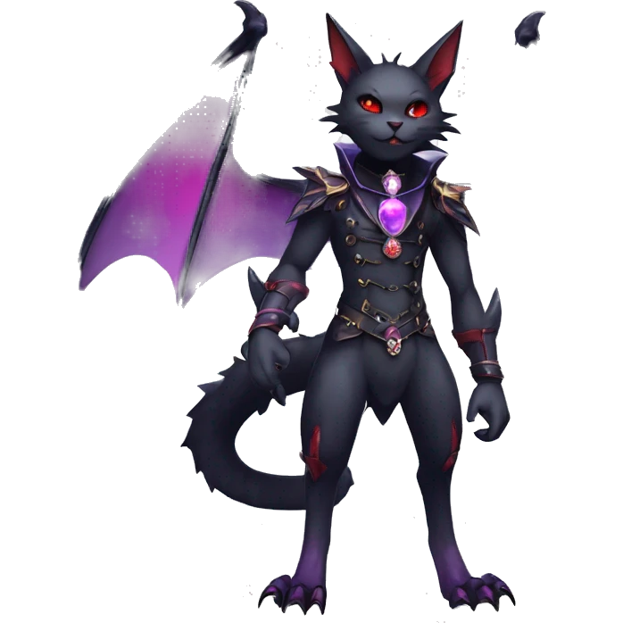 cool kawaii edgy evil black purple red ethereal fantasy beautiful elegant nargacuga-bat-cat-Fakemon wearing legs spats a collar harness with jewelries full body emoji