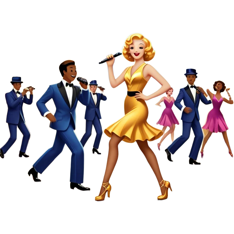 Vintage movie poster-style icon for a musical film. The cityscape glows in the background, evoking the golden era of musicals. A vibrant street scene with bright lights, dancers mid-step, a singer with a microphone, and a jazz band playing. Transparent background. emoji