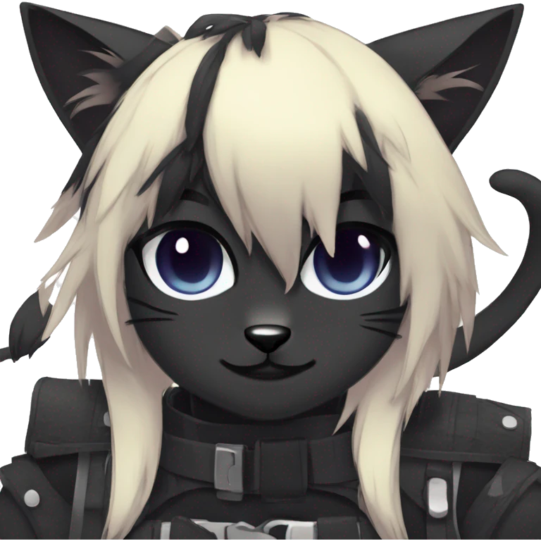 Anthro Cool Black Cat-Fursona-Fakemon with Emo Hair-bangs with Chest Harness emoji