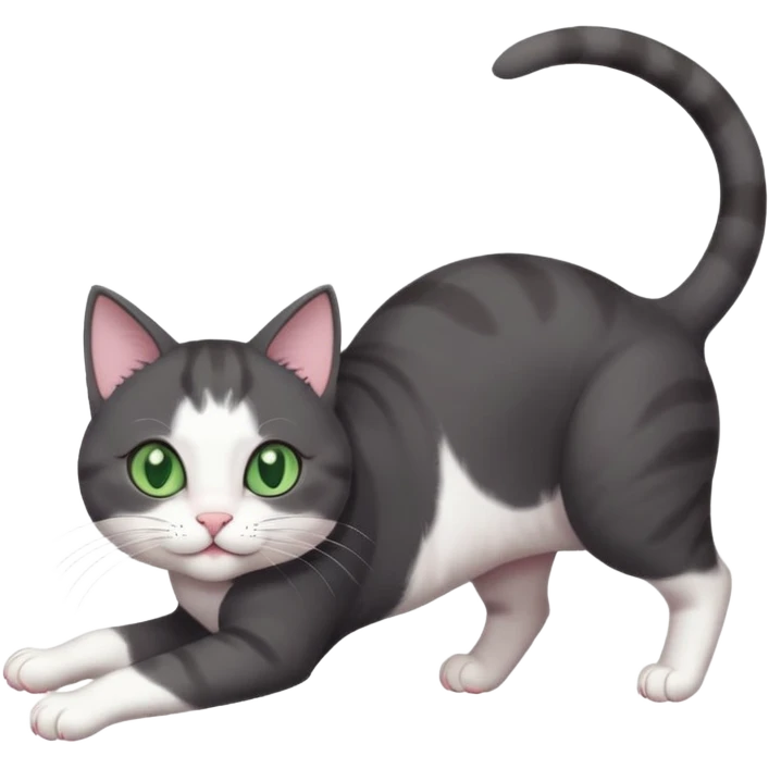 beautiful female solid dark grey cat with green eyes, white toes/paws and white patch on her chest playfully rolling upside down emoji