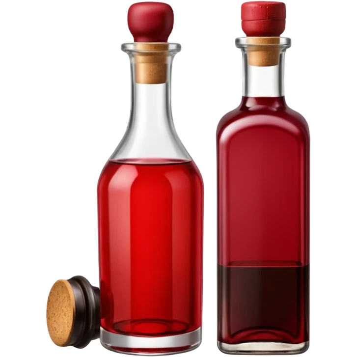 Red wine vinegar and oil bottles, elegant glass, dark brown to ruby, round or square base, slender neck, cork or metallic cap, dark glass, reflections, 3D clean style, transparent background, optimized for emoji size emoji