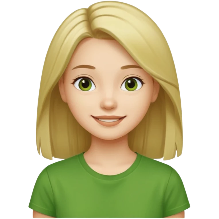 Young girl with straight, well-groomed, beautiful hair, wearing a green T-shirt, looking happy and cheerful. emoji