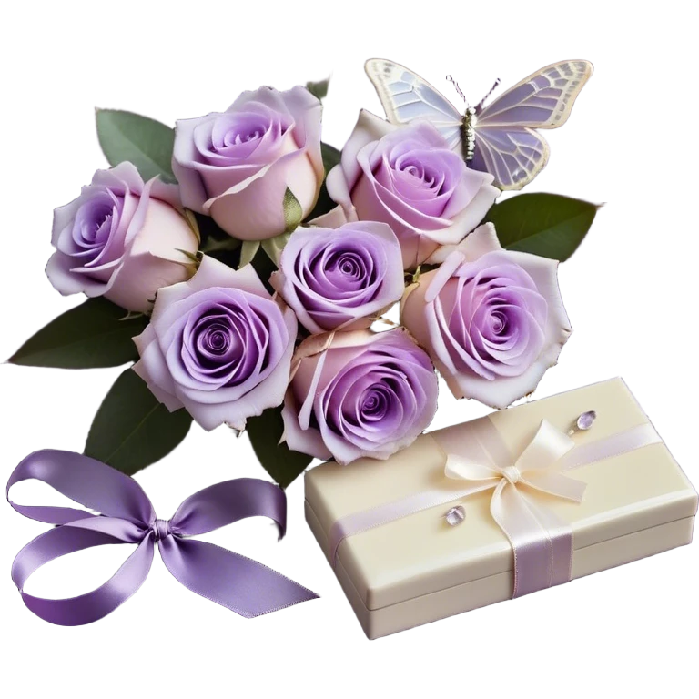An artistic flat lay composition featuring a bouquet of soft light violet Ascott tea roses with dewdrops glistening on their petals, set against a velvety deep purple background. A delicate lavender butterfly, with translucent wings shimmering in soft light, flutters nearby. A luxurious ivory silk ribbon flows through the arrangement, its texture smooth and refined. Beside it, a beautifully crafted vintage-style perfume bottle in an iridescent pearl color, embellished with intricate floral engravings, completes the enchanting aesthetic emoji