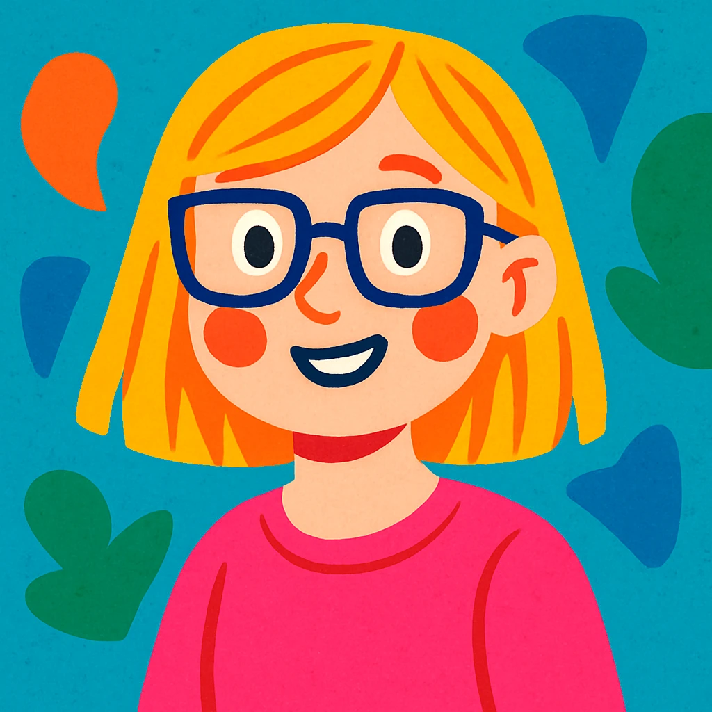 blonde girl, shoulder-length hair, wearing glasses, rosy cheeks, pink clothes, colorful illustration style, friendly appearance emoji