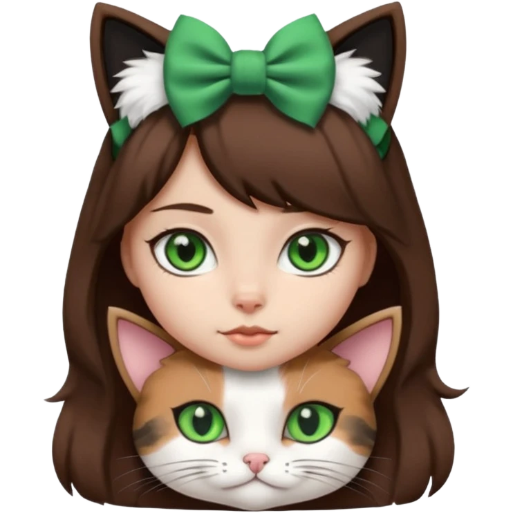 A black and white cat with green eyes she’s a girl she has a bow on her head she’s kinda fluffy  emoji
