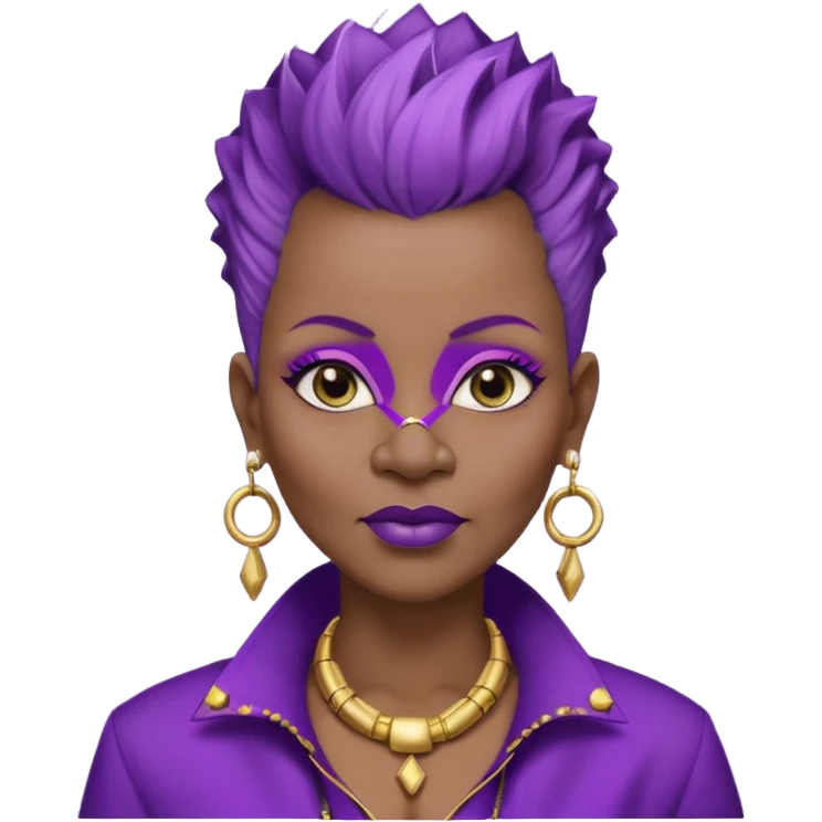 57yr old Qeen black woman with a natural hair mohawk style haircut adorning purple royalty clothing and purle lipstick and eyeshadow purple,  with a nose ring studs on each side of nose. Wearing gold square  bamboo earrings  emoji