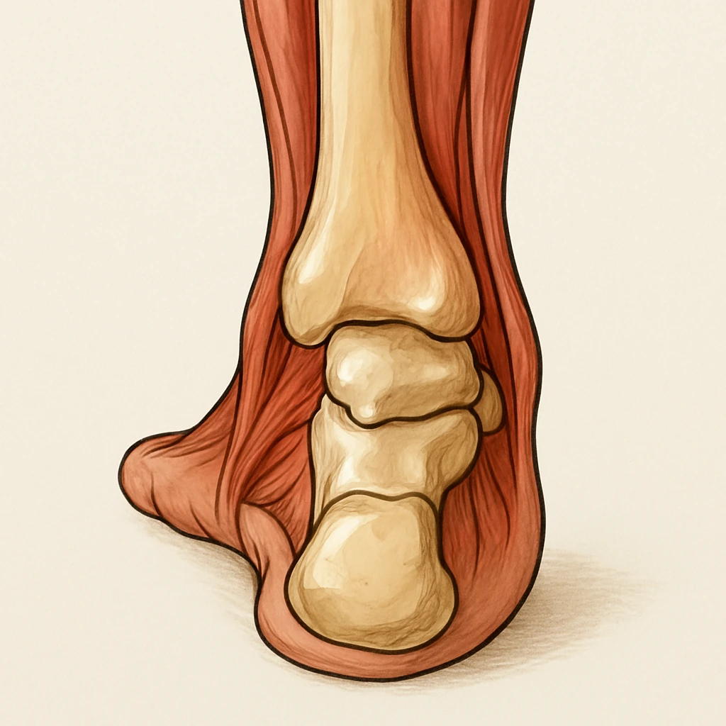 Anatomical illustration of a pronated foot, detailed bones and soft tissue, medical style, neutral background, with muscles highlighted, inspired by the reference image. emoji