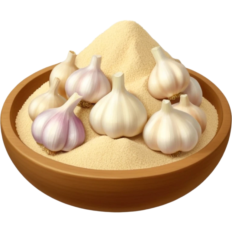 garlic powder pile, pale beige, fine dry texture, matte, tiny uniform grains, smooth rounded mound, no spoon, garlic bulb, or container, just the powder, apple emoji style, soft lighting, transparent background, emoji scale emoji