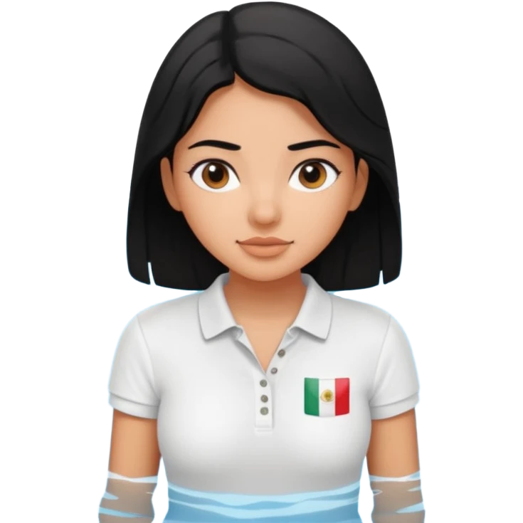 Mexican girl with black hair in pool while wearing white polo shirt emoji