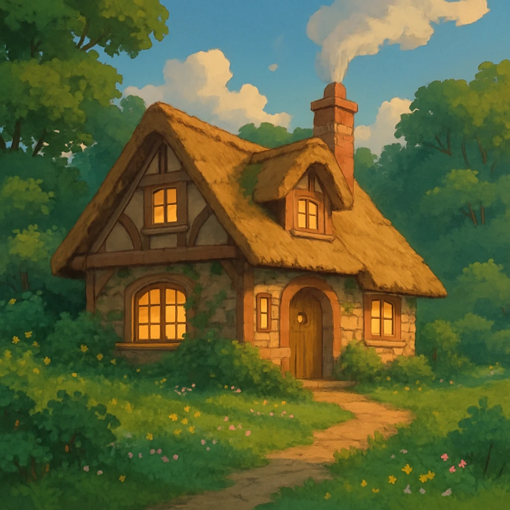 cozy cottage in a lush landscape with warm lighting in ghibli style emoji