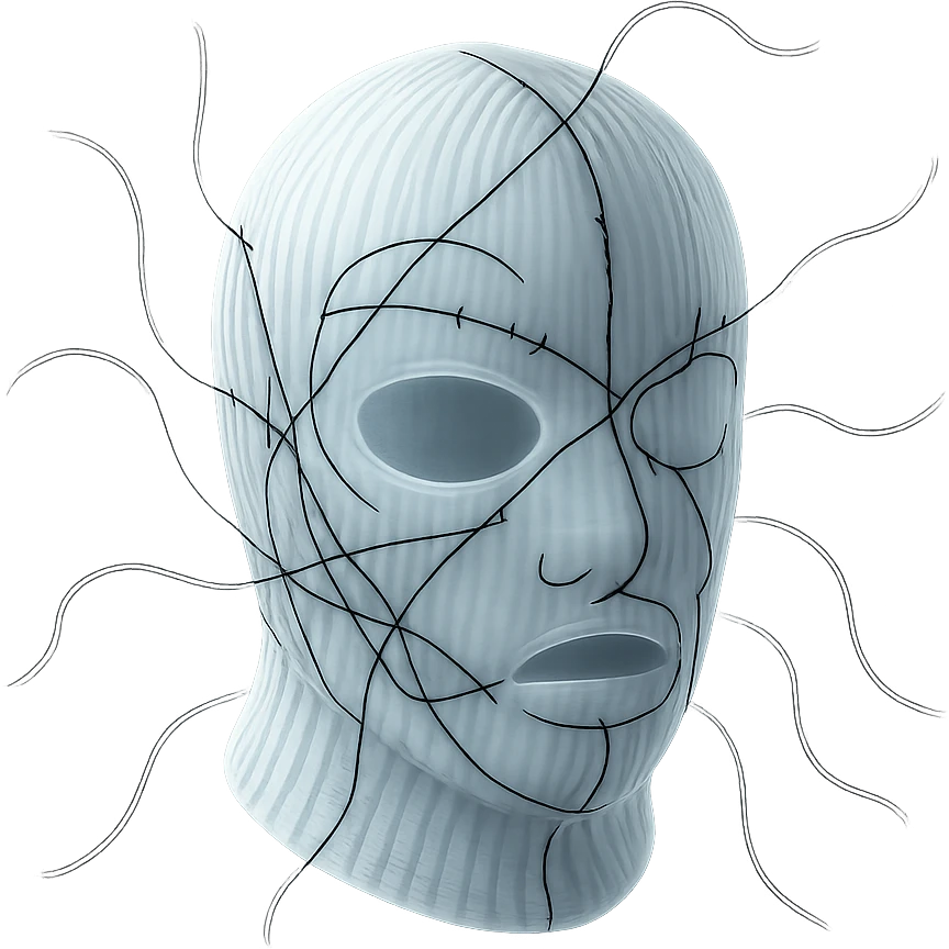 The mask is a full-head, white knitted balaclava with a tight ribbed texture. It features two asymmetrical eye openings and a partially exposed mouth area. Black thread is stitched across the surface in chaotic, abstract lines that trace facial features, giving a hand-drawn effect. Several black cords extend outward from the mask, varying in length and direction, adding a sculptural, almost organic appearance. The overall look is bold, handcrafted, and visually striking. emoji