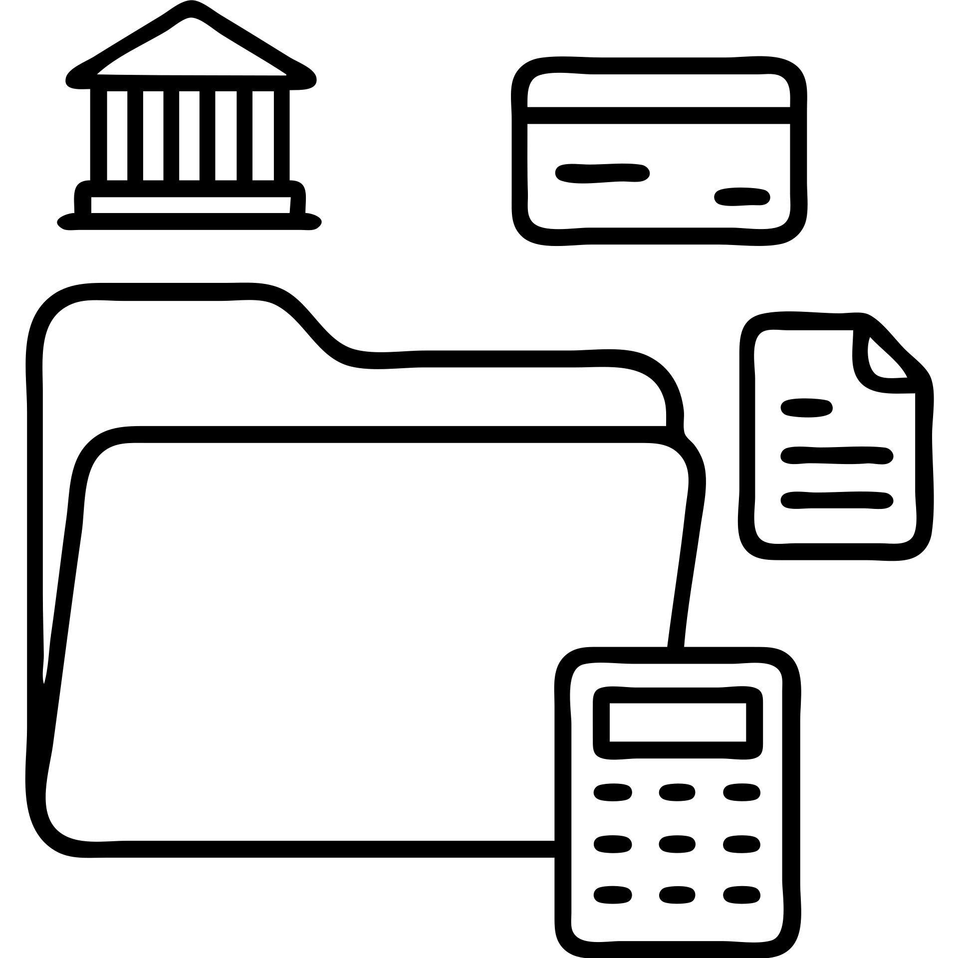 Closed folder icon with small symbols floating around: bank building, credit card, calculator, and document – organized financial archive emoji