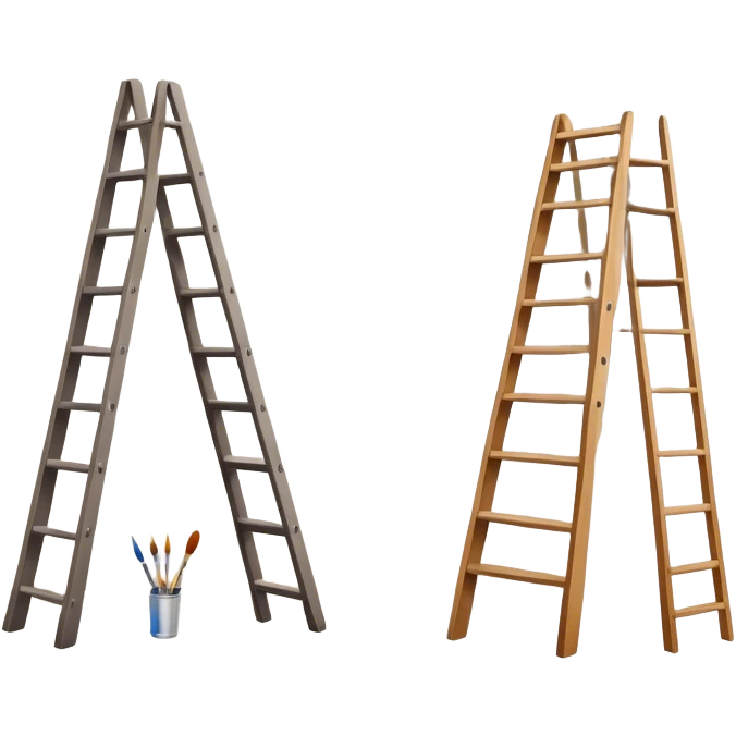 Wall painting icon, hand-painted mural on a wall, visible paintbrushes, paint pots, and ladder, a beautiful picture in progress on the wall, intricate patterns or designs, minimalistic style, clean lines, transparent background. emoji
