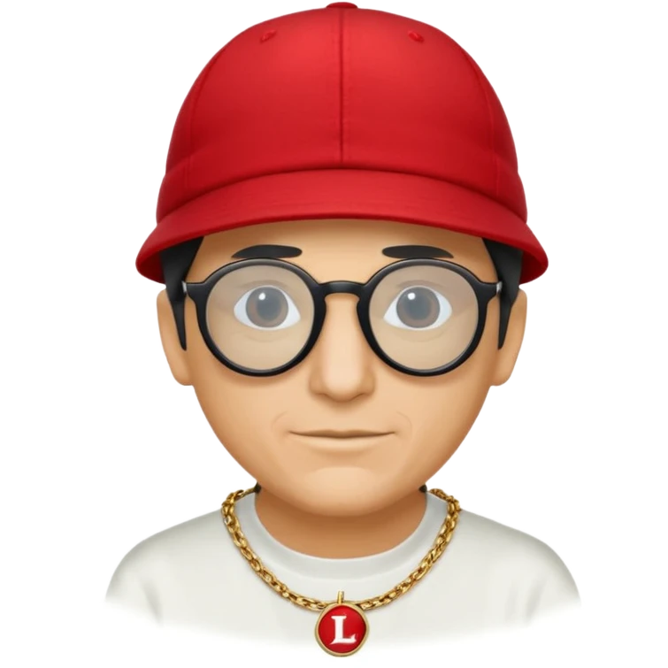 Mike D from Beastie Boys with dark glasses and red hat linux logo medallion on gold chain emoji