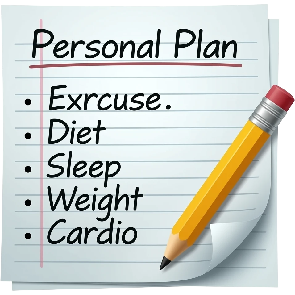 A gym workout plan, with a pencil in the corner and titled "Personal Plan," should clearly state the following: exercise diet sleep weight cardio emoji