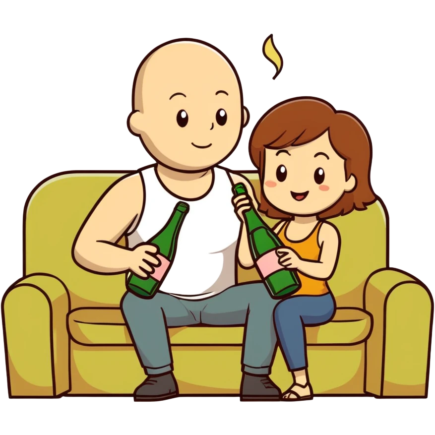 A bald man sitting on a couch. One Caucasian woman with brown hair, big boobs, wearing pants and a tank top, kneeling on the ground. She is hold a champagne bottle on his lap that is bursting emoji