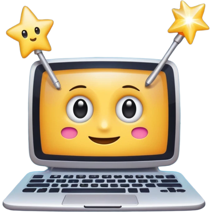 cheerful 2D cartoon emoji of a computer with friendly eyes and a magic wand, surrounded by sparkles, representing AI-generated content in a fun way, in the style of standard Slack emojis emoji