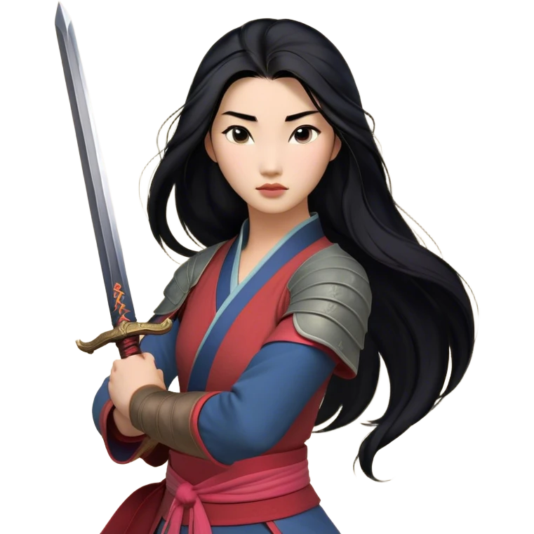 Cinematic Realistic Mulan Portrait, depicted with lifelike skin texture, soft natural lighting, and intricately detailed long black hair styled elegantly. Her deep, expressive eyes exude determination and grace, complemented by a serene yet confident expression. She stands with one hand resting on the hilt of her sword, the other by her side, exuding strength and poise. She is dressed in her classic attire, with rich fabric textures and delicate folds that catch the light beautifully. The portrait features a soft, enchanting glow with a natural, radiant finish, capturing the essence of timeless strength and beauty in a realistic and painterly style, evoking a sense of depth and authenticity. emoji
