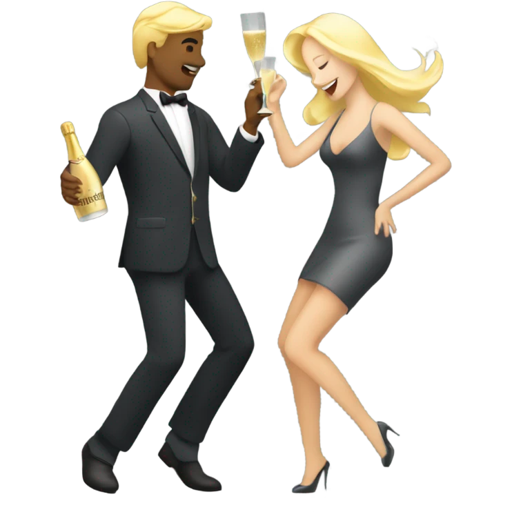A grey man and a blonde woman dansing with a bottle of champagne by night emoji