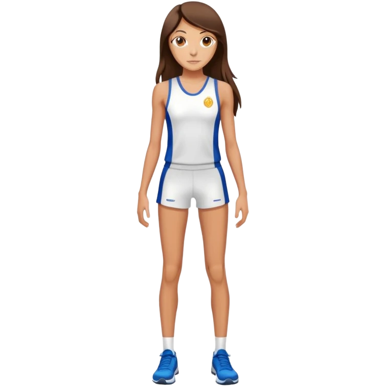 short skinny brunette with long hair, slim weigh sunburn with tan lines in a track uniform emoji