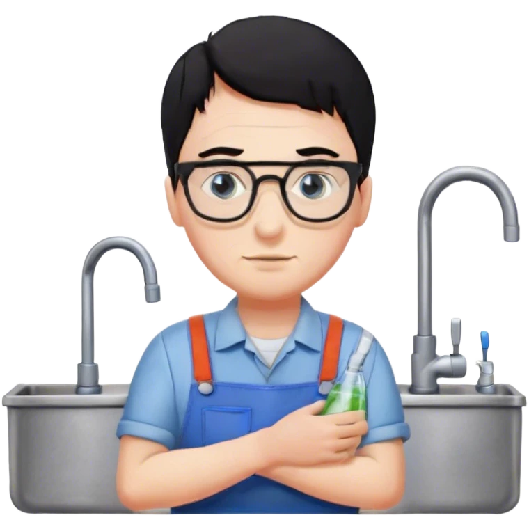Plumber with black hair, glasses and blue eyes and salopette near kitchen sink emoji