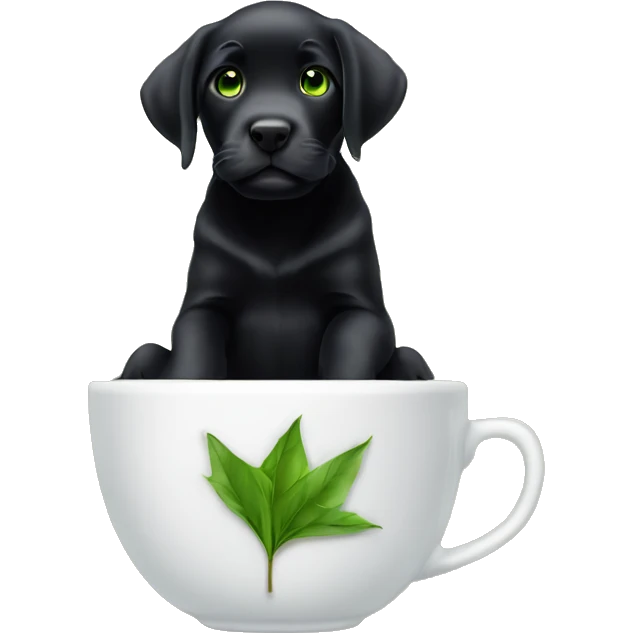 a black labrador puppy with green eyes sitting in a tea cup emoji
