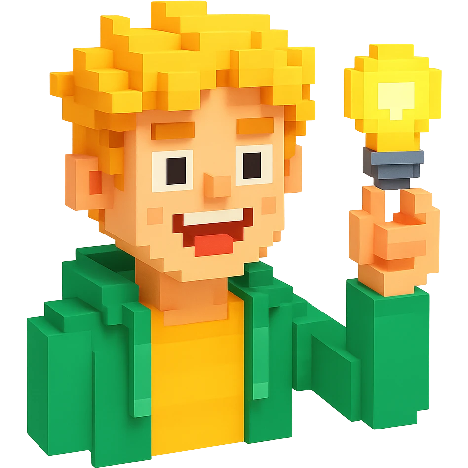 bright and expressive male visionary, fair skin, tousled golden hair, wide joyful eyes, wearing a green hoodie over a yellow tee, one hand raised with a glowing lightbulb, waist-up, front-facing emoji