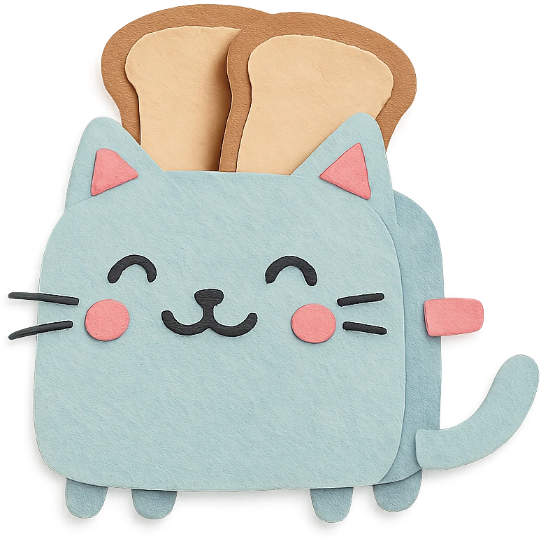 smiling toaster-cat hybrid with two toast slices, soft pastel colors, full-body emoji