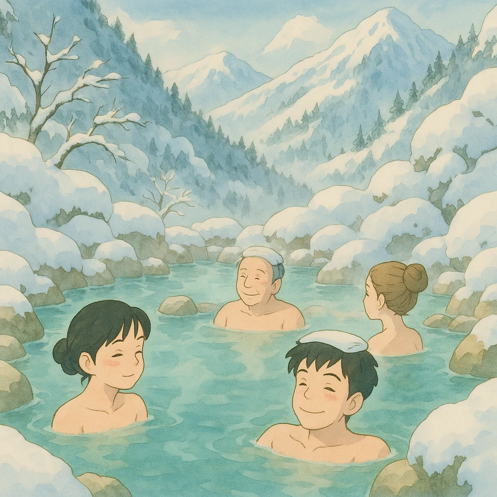 a snowy mountain hot spring scene with people relaxing in the warm water, surrounded by snow, Ghibli-inspired style emoji