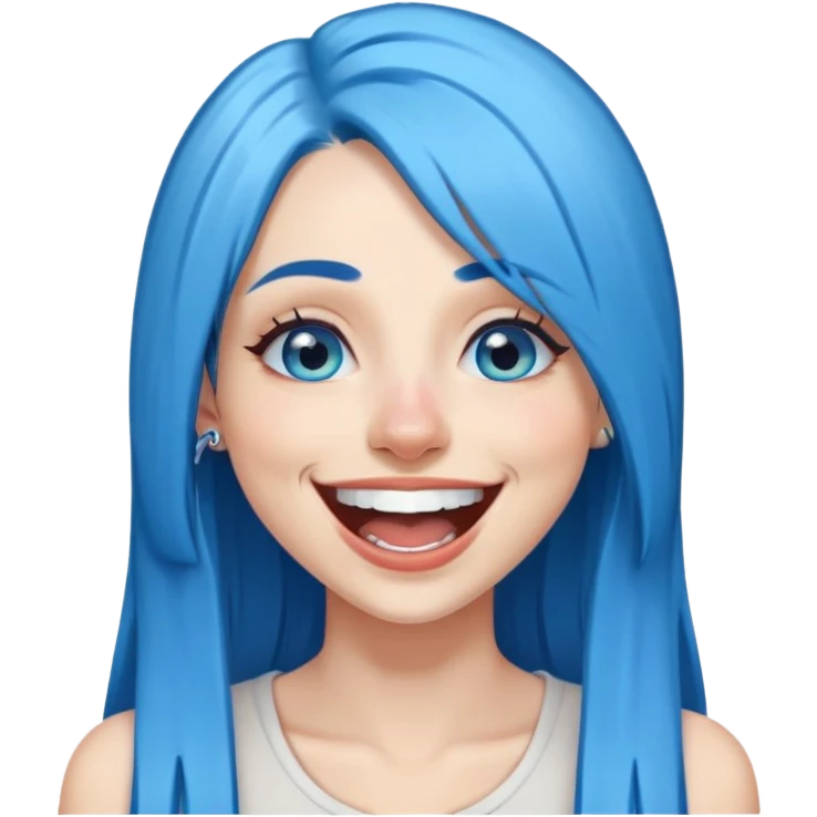 Blue haired blue eyes female long straight hair laughing, pierced lip, pierced nose emoji
