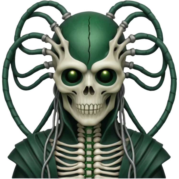 HR giger, wires dark green flesh undead sorcerer, head. bones and skin emoji