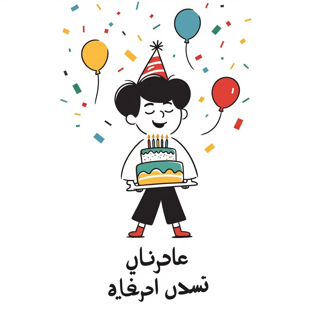 Vibrant, multi-colored illustration of a little boy with a colorful birthday cake, lots of colorful confetti, balloons, and party elements. Below the illustration, in a separate text area, write in very clear, large Persian characters: "امیدرضا جان تولدت مبارک" emoji