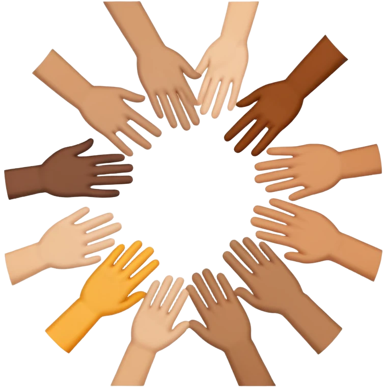 Emoji-style icon showing several diverse hands forming a circle or high-five together, symbolizing unity and team spirit. Flat minimal Apple-style emoji, bright colors, white background, soft shadows. emoji