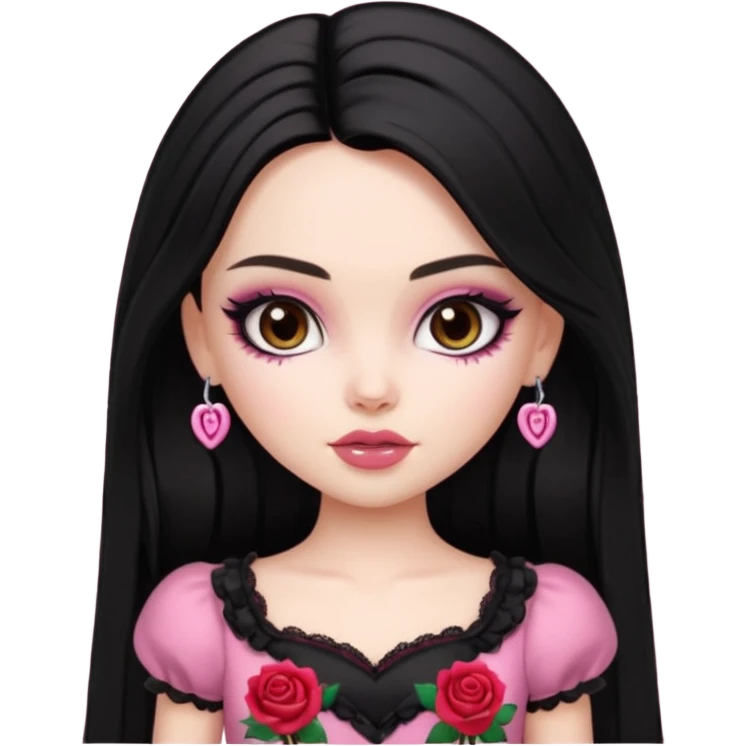 pale skin, girly bratz baddie, beautiful dark brown eyes, pretty makeup, long dark black straight hair, girly rose clothes emoji
