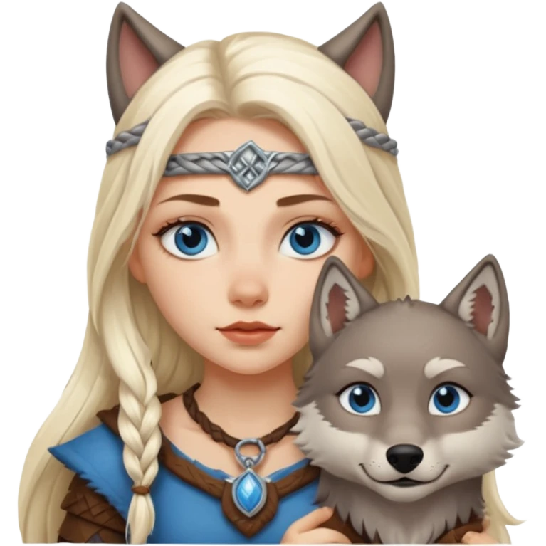 Viking platinum blonde girl with long hair and blue eyes. Wolf petViking platinum blonde girl with long hair and blue eyes. Wolf pet emoji