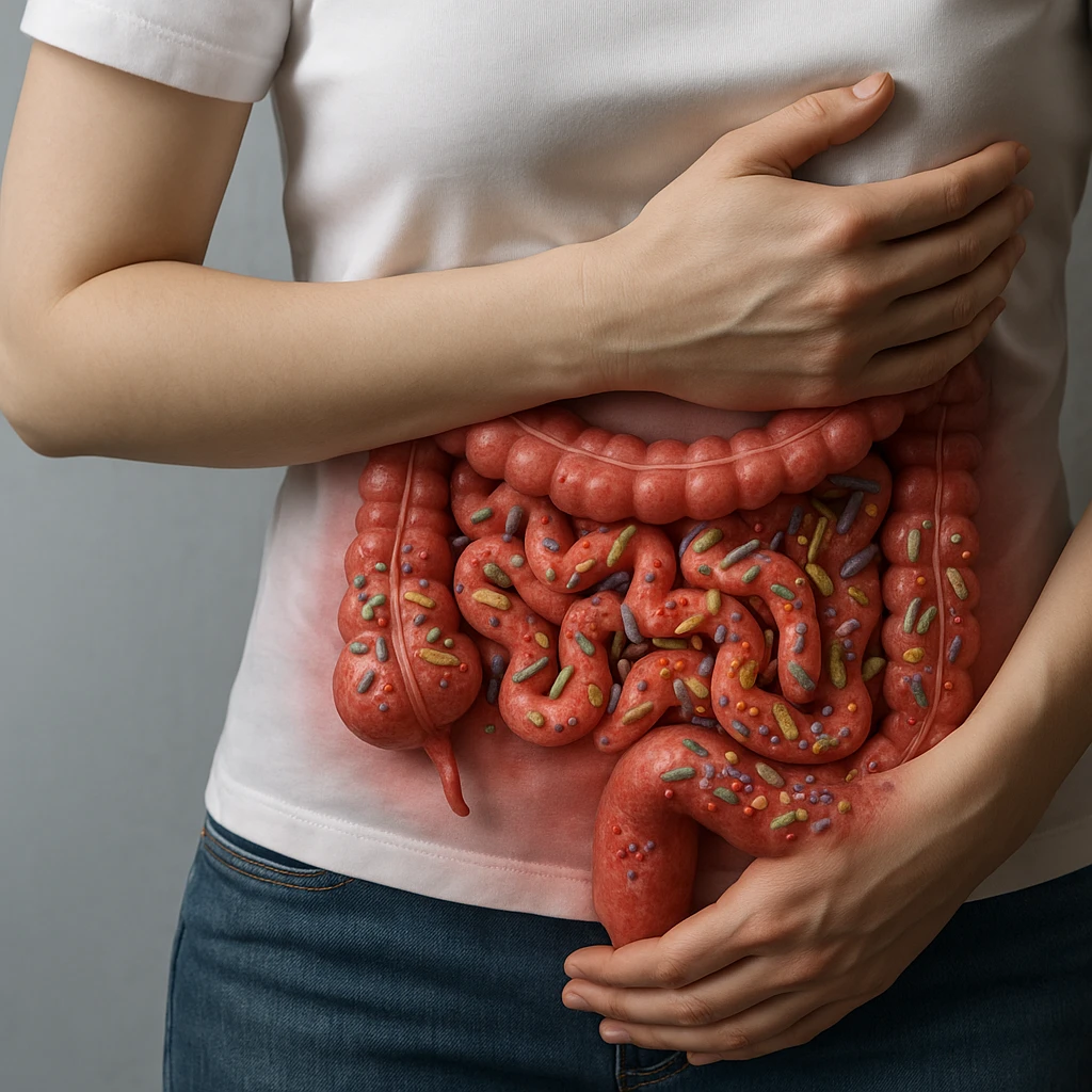 Hyperrealistic 4K anatomical view of a female body in a similar position to the reference image, showing the intestine visible in transparency without parasites but with altered intestinal microbiota (dysbiosis). Realistic and varied bacteria and microorganisms are depicted, with reddened and inflamed intestinal walls, clinical atmosphere. emoji
