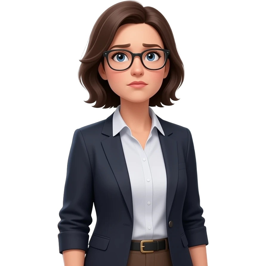 A photorealistic portrait of a female teacher in her 30s wearing glasses, standing in a school classroom. She has a skeptical look, looking up at the viewer with calmdown. Next to her, a large blackboard has the text 'Who is Hasbulla?' written in messy chalk. Soft overhead classroom, ultra details. emoji