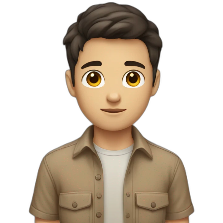 short dark hair white young boy in brown button up shirt with a tshirt under holding an arm emoji