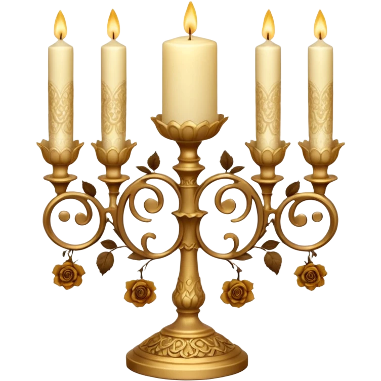 Victorian Candle Set
A cluster of tall, ivory candles in ornate golden holders. Some are carved with lace-like patterns, others wrapped in translucent brown ribbon and dried golden roses. emoji