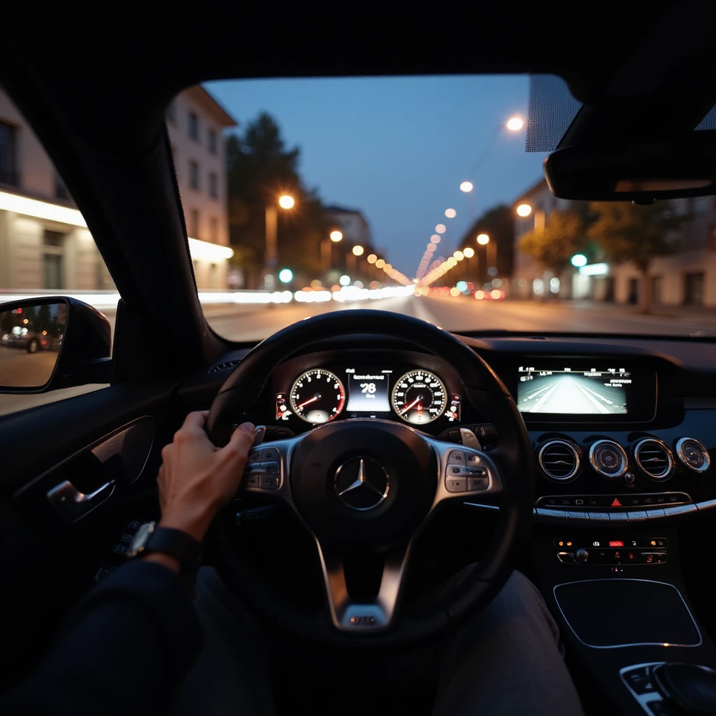 Mercedes E63 2024, realistic first-person view from behind the steering wheel, left hand on wheel, night driving in Bucharest, city lights, motion blur, photorealistic emoji