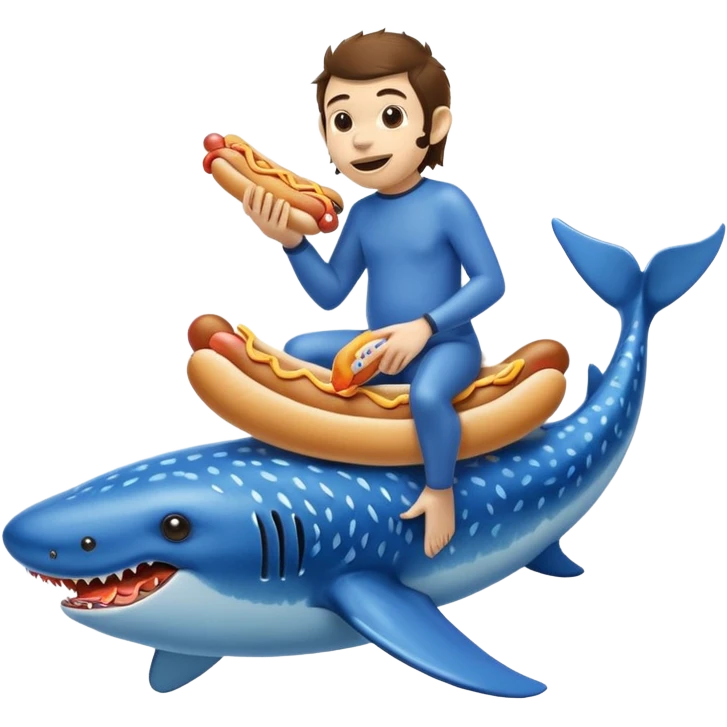 A monkey riding a whale shark eating a hot dog emoji